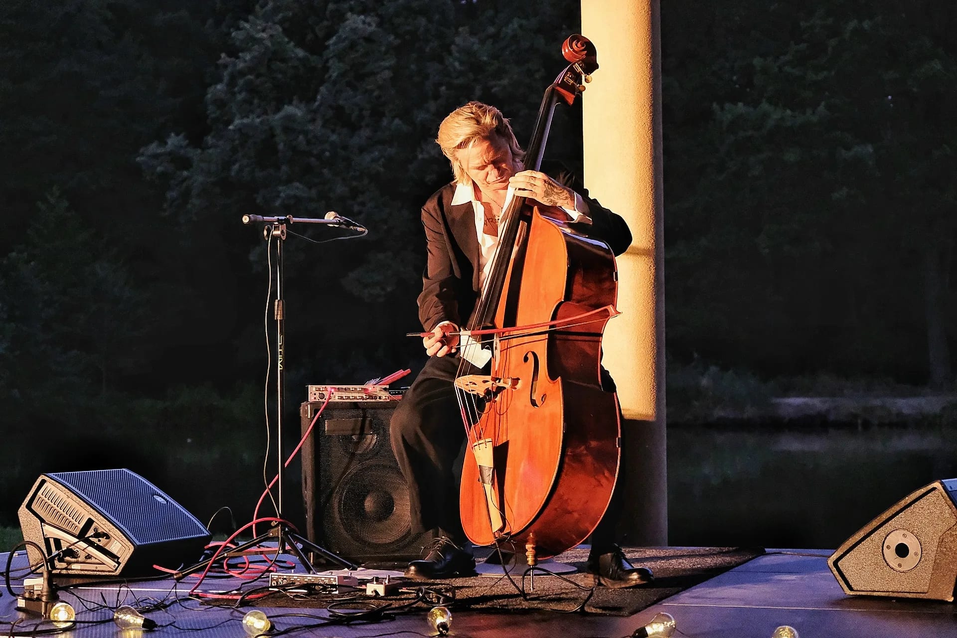 Wojciech Mazolewski gra na kontrabasie koncert z cyklu Jazz nad stawem
