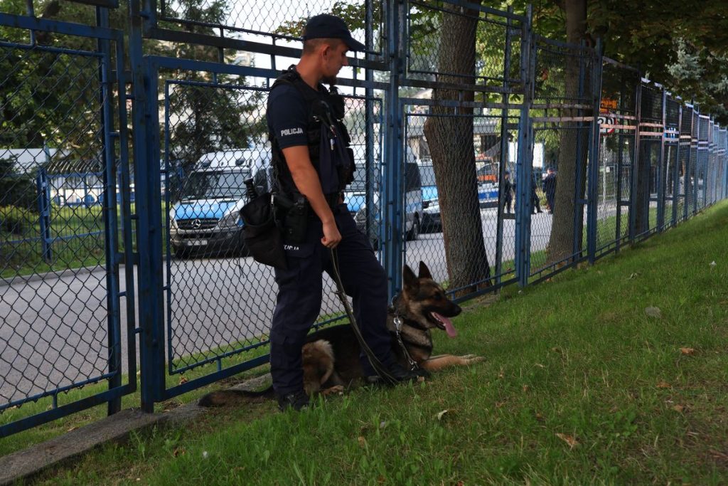 Policjanci z psami na stadionie