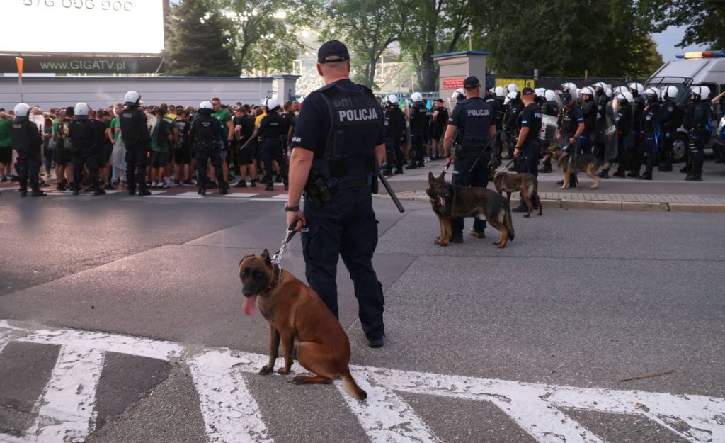 Policjanci z psami eskortują kibiców