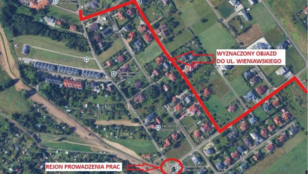 objazd dla kierowców w rejonie ul. Krzyżanowskiego w Rzeszowie