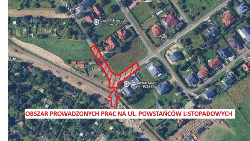 mapka prac prowadzonych na ul. Krzyżanowskiego w Rzeszowie