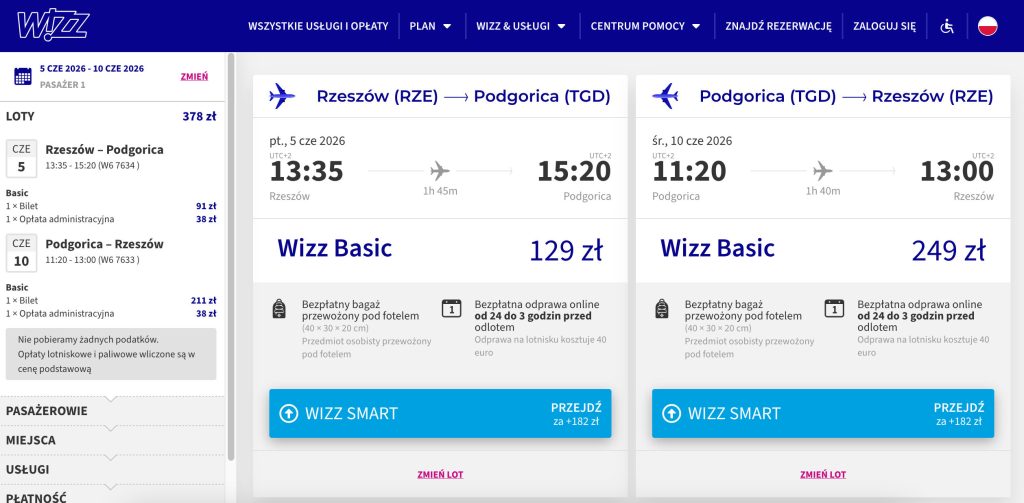 Bilet na Wizz Air Jasionka - Podgorica