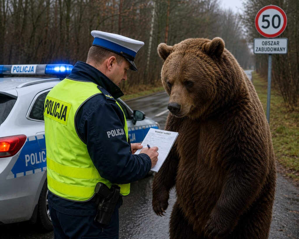 Policjant i mandat dla niedźwiedzia