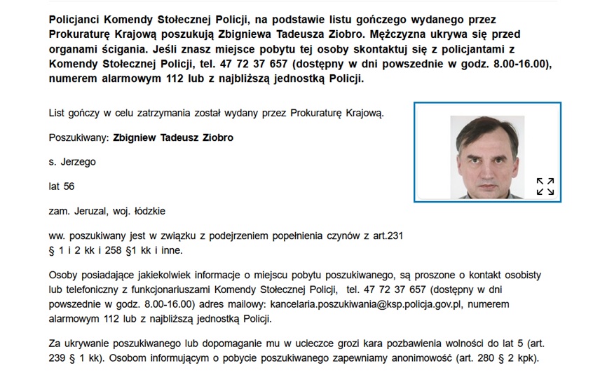 lis gończy za Zbigniewem Ziobro